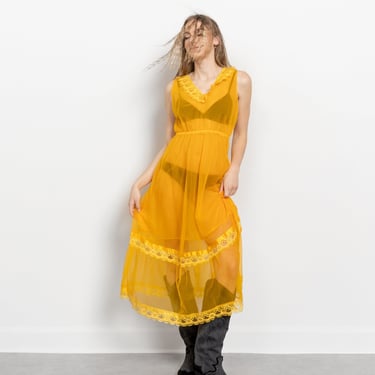 YELLOW MESH MAXI Dress See Through Sheer Lace Nylon Frilly 60s 70s Vintage Longline Loose / Small Medium 