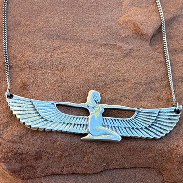 Vintage Sterling Silver Isis Winged Egyptian Goddess Sterling Chain Necklace 