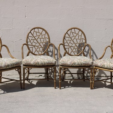 Four Authentic Iconic Marked McGuire Cracked Ice Arm Chairs Cane Seat Rawhide 
