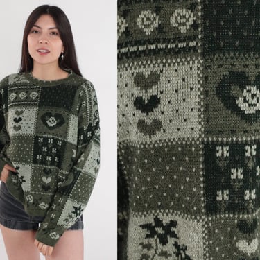 Floral Heart Sweater 90s Dark Green Patchwork Knit Pullover Sweater Rose Flower Print Acrylic Vintage 1990s Small S 