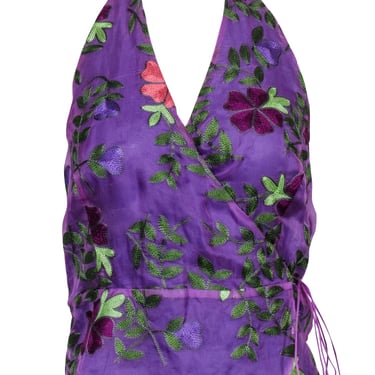 Luisa Spagnoli - Purple Silk Halter Top w/ Multicolor Embroidered Floral Print Sz 8