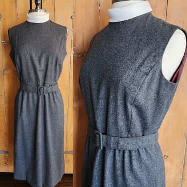 60s Gray Wool Day Dress Belted Sleeveless Stephan Casuals 