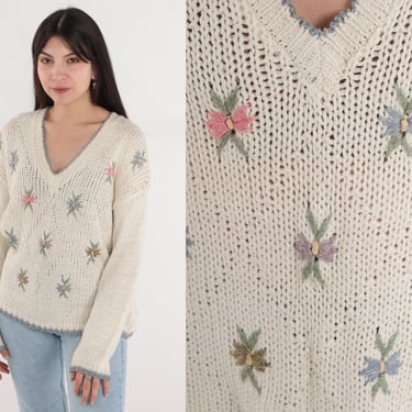 Floral Embroidered Sweater 90s Cream Pullover Knit Sweater V Neck Pink Flower Print Retro Slouchy Grandma Ramie Acrylic Vintage 1990s Large 