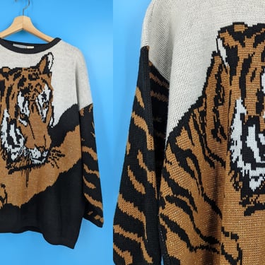 Vintage 90s Tiger Knit Pullover Sweater - One Size XL Nineties Tiger Venezia Sweater 