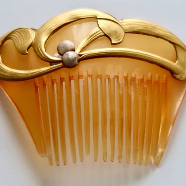 Art Nouveau Gilt Mistletoe Steer Horn Hair Comb, Antique French Hair Ornament Bridal Comb, Naturalistic Comb 