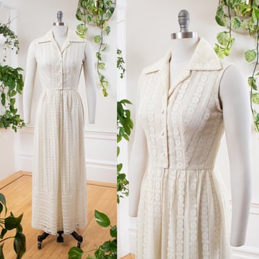 Vintage 1960s Maxi Dress | 60s Lace Cotton Off White Cream Fit and Flare Sundress Boho Bridal Wedding Gown (small/medium) 