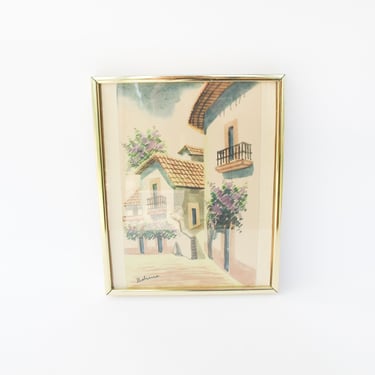 Watercolor Painting of Mexico from 1988 in Gold Brass Frame with Glass Front 