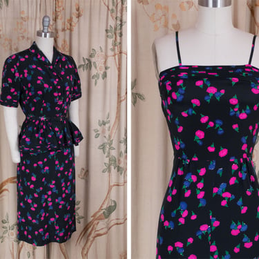 1950s Set - Vibrant Vintage 50s Silk Cocktail Dress and Matching Jacket with Fuchsia, Cobalt and Green Carnation Floral Print 