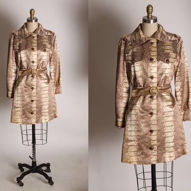 1960s Mod Tan and Brown Reptile Snake Skin Print Long Sleeve Button Up Belted Jacket Coat -M 