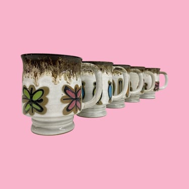 Vintage Stoneware Mugs Retro 196os Mid Century Modern + Ceramic + Set of 5 + Japanese + Floral and Abstract + MCM Kitchen + Drinking + Japan 