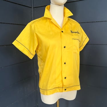 1960s Ladies Bright Yellow Bowling Shirt w/ Black Chain Stitching Hilton Brenda 36 Bust Vintage 