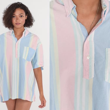 Pastel Striped Shirt 80s Half Button Up Collared Blouse Short Sleeve Polo Top Summer White Pink Blue Yellow Green Cotton Vintage 1980s XL 