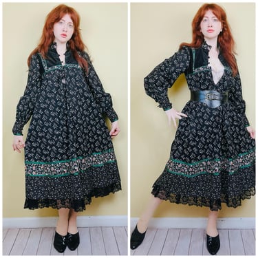 1970s Vintage Calico Gunne Sax Jessica Cotton Swing Dress / Black an Green Ribbon Lace Trim Prairie Dress / Medium - Large 