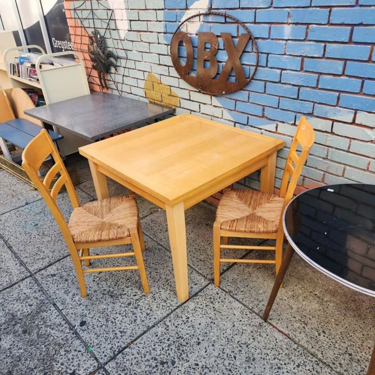 Danish Draw-Leaf Dining Table with Two Chairs. Table 36x36". Two 15" extension leaves pull out from beneath the top. Total length w/ leaves extended is 66". 