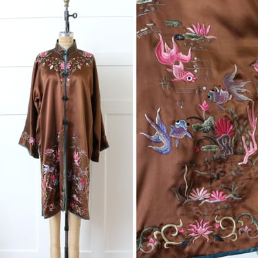 vintage hand embroidered Chinese robe • goldfish embroidery brown silk bell sleeve jacket 