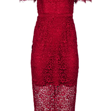 Monique Lhuillier - Red Lace Off-The-Shoulder Midi Dress w/ Lace Sleeves Sz XS