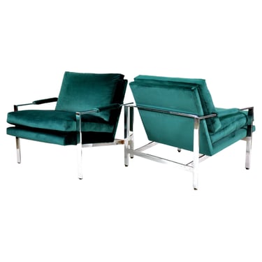 Pair of Milo Baughman Emerald Green Velvet Flat Bar Chairs, Thayer Coggin, 1960s 