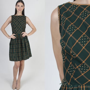 50s Green Plaid Mid Century Dress, Vintage Full Circle Skirt, Retro Bombshell Frock 