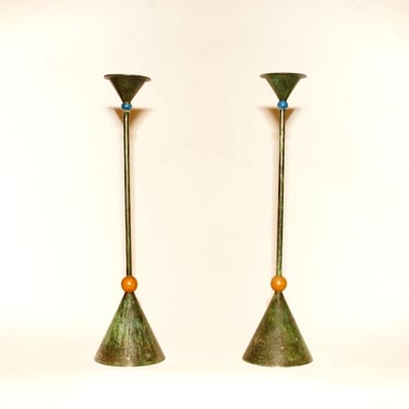 Vintage Mid-Century Modern Milano Series Candlestick Holders, Heavy Patina Bronze, Beige & Blue Accents, Textured, Geometric 
