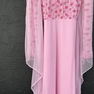 70s Pink Angel Sleeve Maxi Princess Dress with Floral Bodice