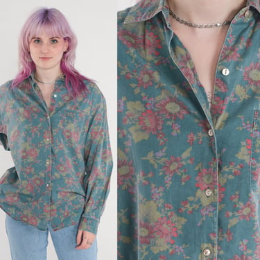 Green Floral Blouse 90s Gap Button Up Shirt Pocket Long Sleeve Top Flower Print Casual 1990s Vintage Cotton Medium 