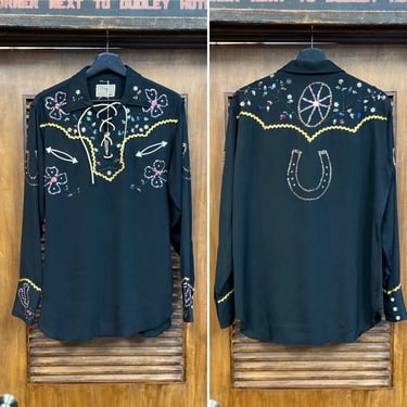 Vintage 1950’s “H Bar C” California Ranchwear Jet Black Gabardine Rodeo Rhinestone Rockabilly Shirt, 50’s Lace Up Shirt, Vintage Clothing 