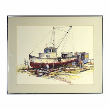 Albert Alfredson “Caulking the Hull” Worker Tending Fishing Boat Oil Crayon 