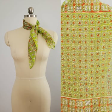 1960s Silk Scarf in Bright Green and Orange Abstract Print - 60s Vintage Accessories - 60s Boho Fashion 