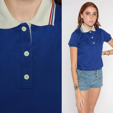 Blue Knit Polo Shirt 80s Woven Top Retro Short Sleeve Collared Preppy Royal Blue Nerd Geek Streetwear Baby Tee Vintage 1980s Small S 