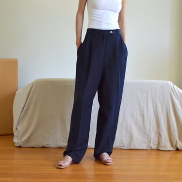 navy linen blend pleated slouchy trouser / 33w 