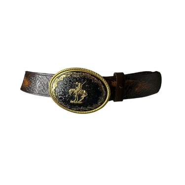 Vintage Wrangler Brown Tooled Leather Eagle Belt with Brass Buckle, 33-38 