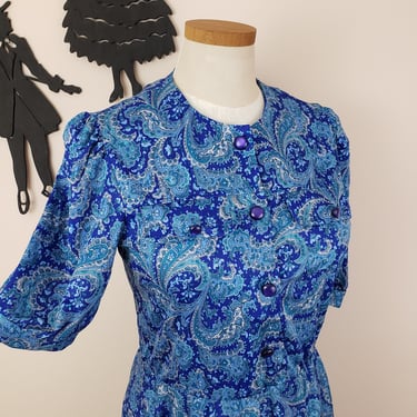 Vintage 1970's Paisley Print Dress / 80s Polyester Shirtwaist Day Dress M/L 