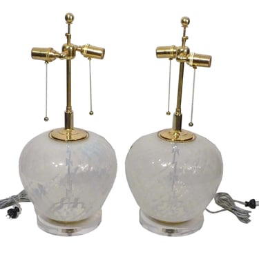 Pair of Murano Mid Century Modern Opaline Quilted XL Regency Table Lamps 