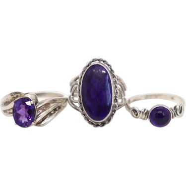 Collection Three Vintage Silver, Amethyst and Purple Stone Lady's Rings 
