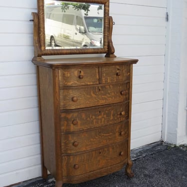 Victorian Early 1900s Tiger Oak Tall Chest of Drawers with Mirror 3495