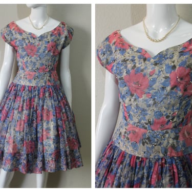Vintage 50s Chiffon Party Dress with Rhinestones and Pearl Embellishment Pink Blue Floral / vtg 1950s Fit and Flare Full Circle Skirt Dress 
