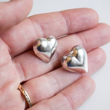 Vintage Sterling Silver Puffy Heart Earrings | Post Backs 