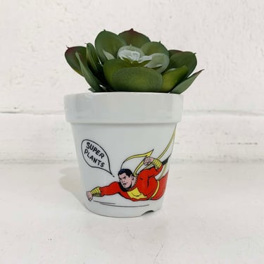 Vintage Small Planter Shazam Super Plants Comic Book Hero Mini Flower Pot Made in USA White Red 1970s 70s 