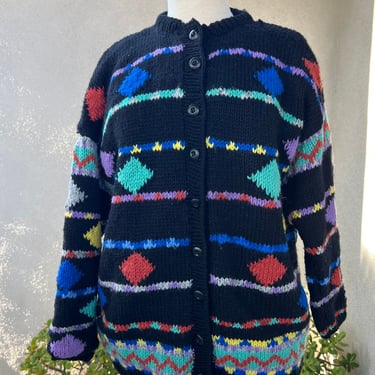 Vintage cardigan sweater colorful geometric print hand knit with silk lining Medium 