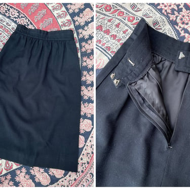 Vintage ‘80s high waisted black wool skirt | classic, below the knee, lined, nice quality, XS or XXS 