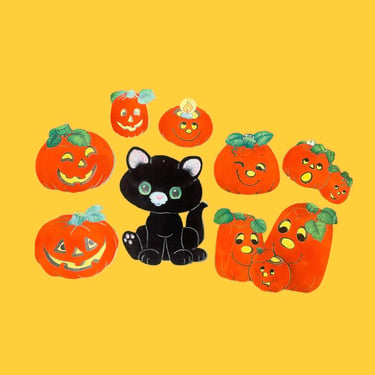 Vintage Halloween Decorations Retro 1970s Assorted + Die Cut + Set Of 8 + Felt + Black Cat + Pumpkins + Double Sided + Window and Wall Decor 