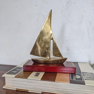 Vintage Brass Sailboat on Red Wood and Brass Base 