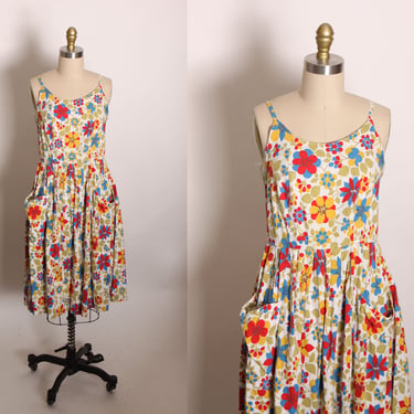 Late 1950s Early 1960s White, Red, Blue and Yellow Floral Flower Power Pocketed Dress -XS 