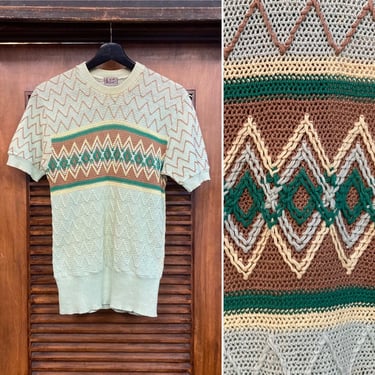 Vintage 1940’s Atomic Zig Zag Cable Knit Cotton Pullover Short Sleeve Shirt, 40’s Knit Tee Shirt, 40’s Argyle, Vintage Top, Vintage Clothing 