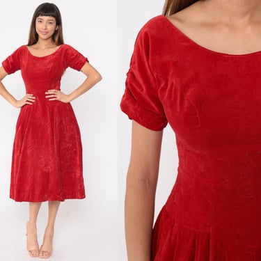 60s Red Velvet Dress -- 1960s Party Dress Formal Prom Cocktail Dress Short Sleeve Midi Evening Drop Waist Fit and Flare Tea Length Small S 4 