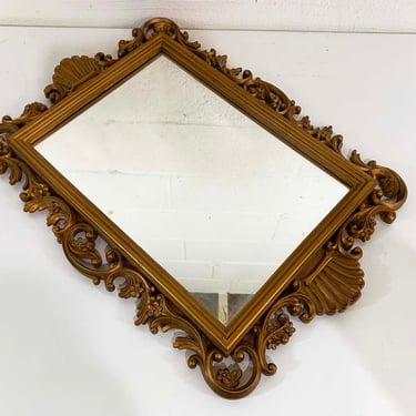 Vintage Romanesque Mirror Baroque Gold Frame Mid-Century Victorian Flowers Hollywood Regency Rococo Wall Hanging USA 1970s 