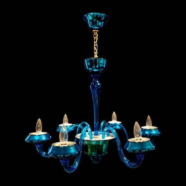 Vintage 6 Arm Blue Murano Glass Chandelier