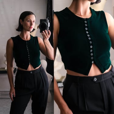 Vintage 90s BCBG Emerald Green Velvet Cropped Multi Buttoned Vest Top Unworn w/ Original Tags | Made in USA | 1990s Designer Crop Vest Top 