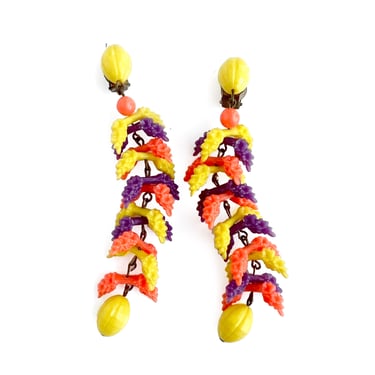 Long Dangle Earrings in Yellow Orange & Purple, Fruit Salad Earrings, Made in W. Germany, Light Weight Summer Clip-on Earrings, Gift for Her 