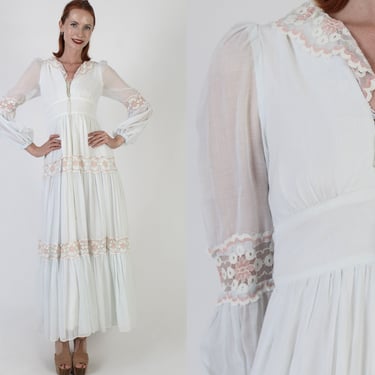 Gunne Sax Bohemian Wedding Dress, Vintage 70s Pale Blue Corset Gown, Jessica McClintock Hippie Bridal Corset, Tag size 7 
